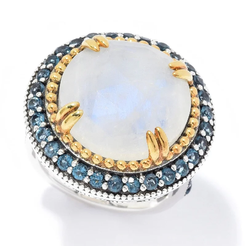 925 Sterling Silver London Blue Topaz and Rainbow Moonstone Ring