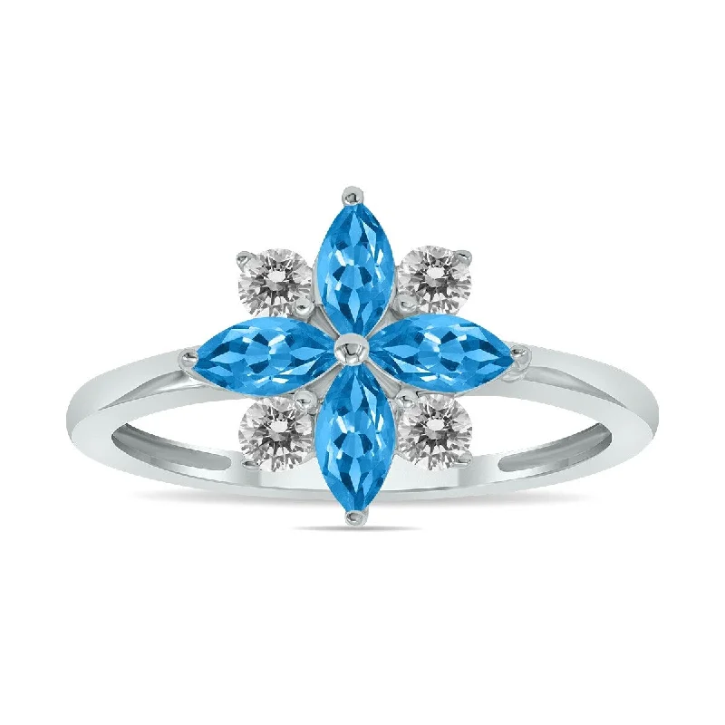 Marquee Jewels 3/4 Carat TW Blue Topaz and Diamond Flower Ring in 10K White Gold