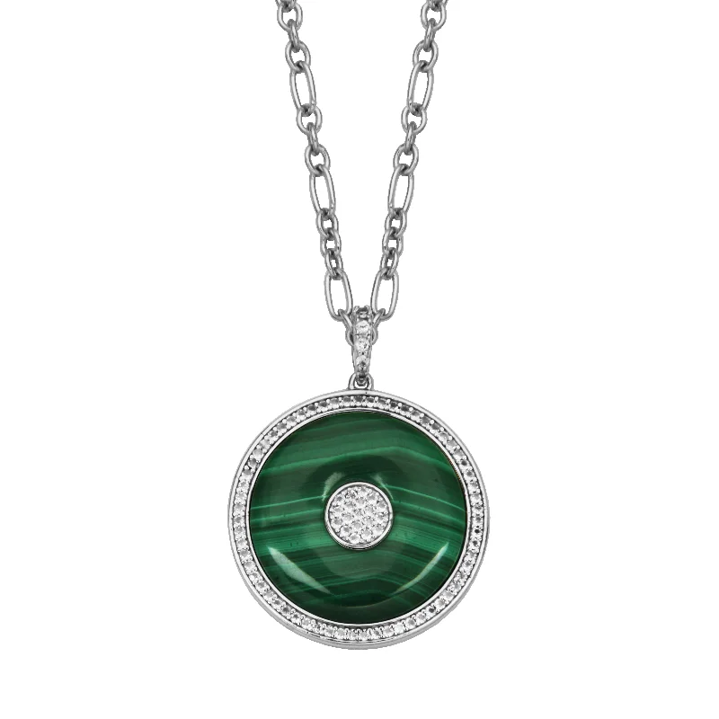 Sterling Silver Malachite & WhiteTopaz Medallion Necklace by Samuel B.