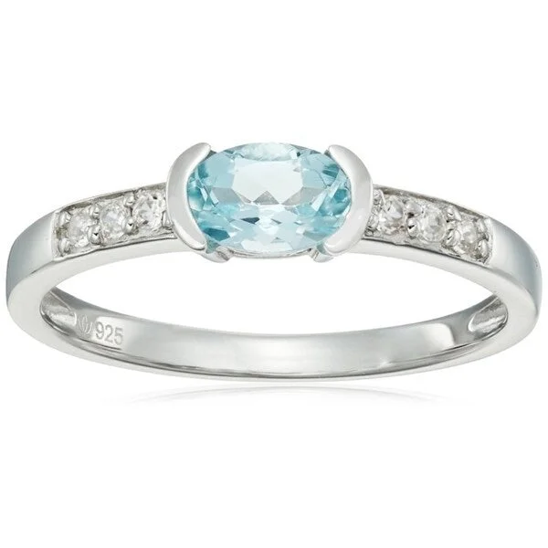 Sterling Silver Aquamarine & Natural White Zircon Ring - Blue