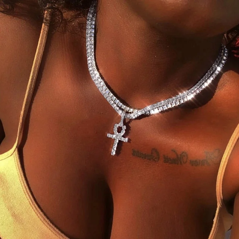 Iced Out Crystal Ankh & Cross Pendant Tennis Necklace Shining Rhinestone Chain