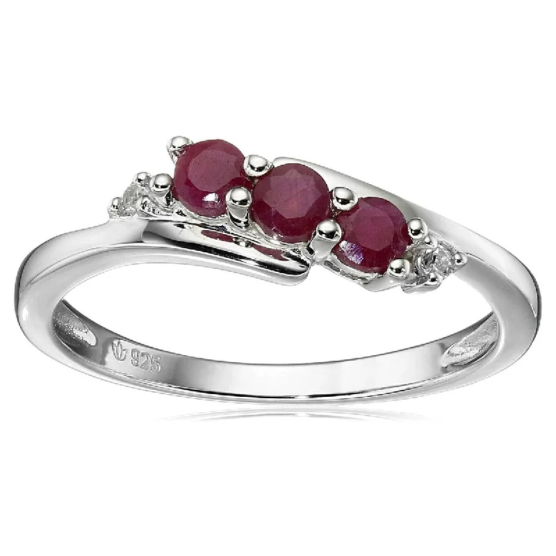 925 Sterling Silver Indian Ruby and Created White Sapphire Ring