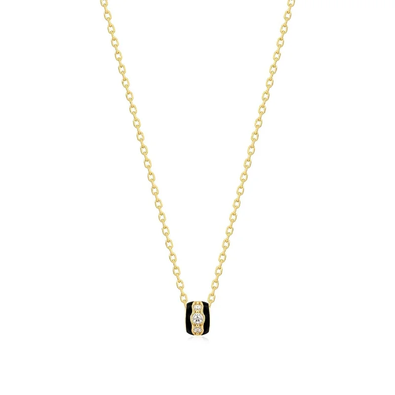 Black Enamel & Cz Channel Rondelle Necklace