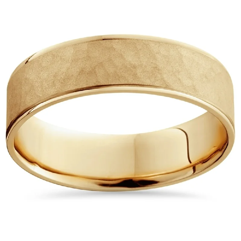 Pompeii3 14k Yellow Gold Brushed Hammered 6MM Flat Comfort Fit Wedding Ring Mens Band - White