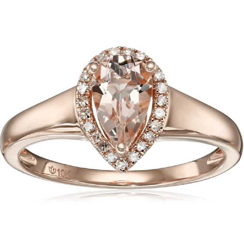 10k Rose Gold Morganite and Diamond Princess Diana Pear Halo Ring - Pink