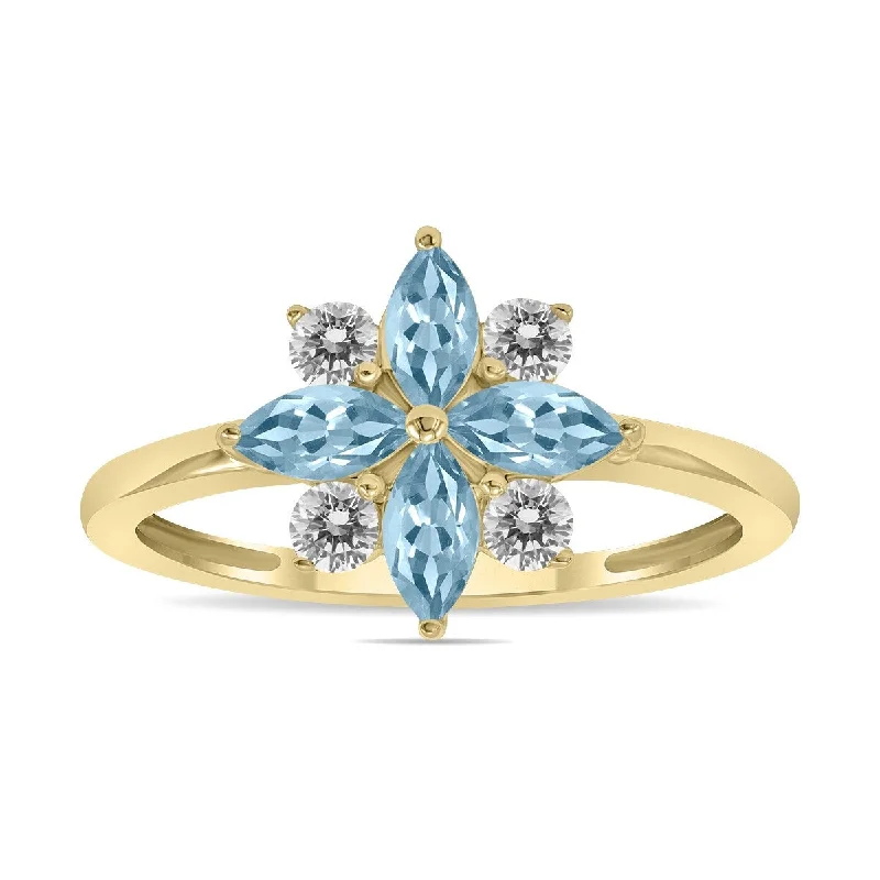 Marquee Jewels 3/4 Carat TW Aquamarine and Diamond Flower Ring in 10K Yellow Gold