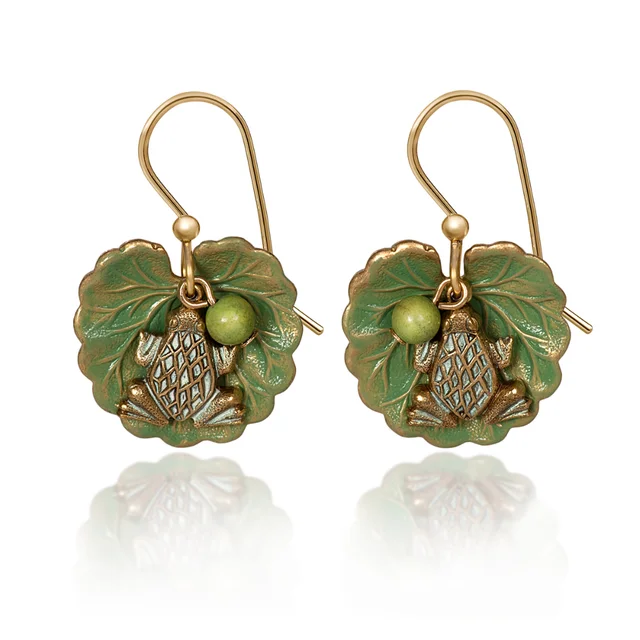 Silver Forest Earrings Green Frog on Leaf with Bead Gold Drop