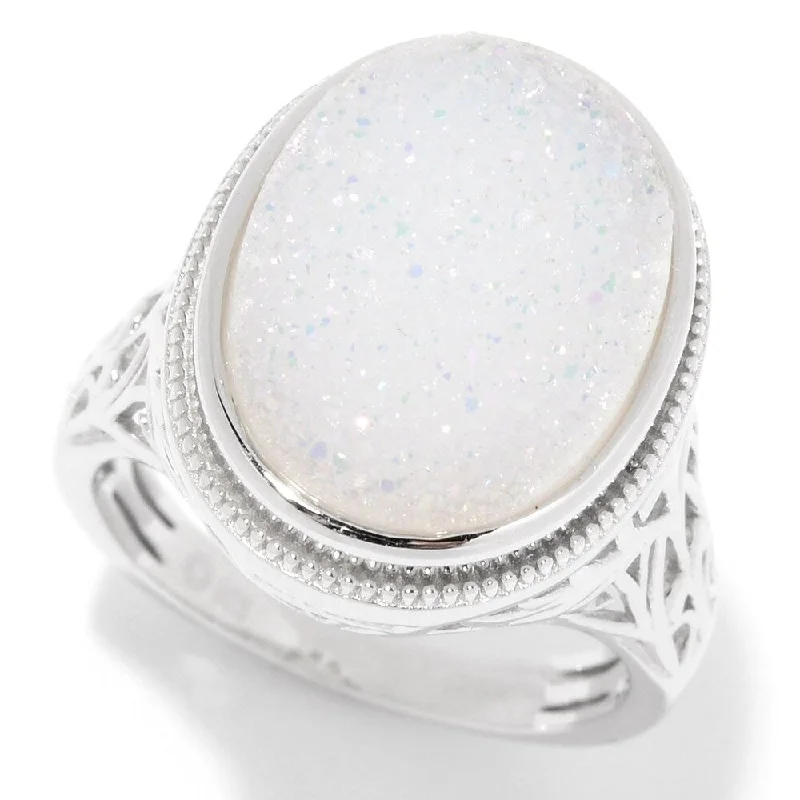 Sterling Silver 16 x 12mm Oval Snow Opal Drusy Filigree Ring