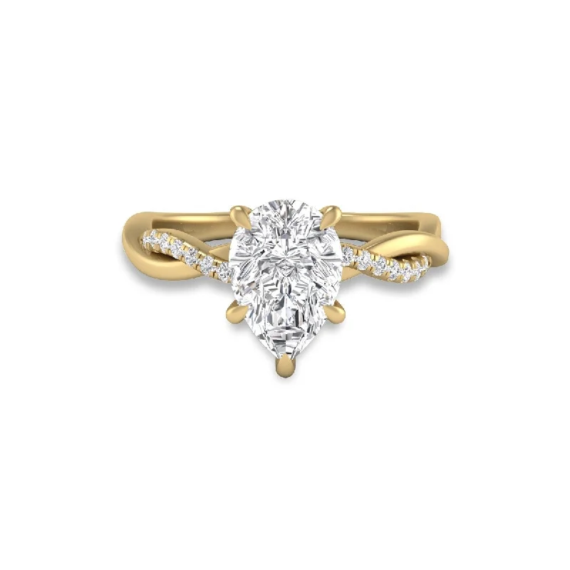 Marquee Agatha Twisted Pave Ring with IGI Certified 3 Carat Lab-Grown Pear Shape Diamond in 14K Yellow Gold