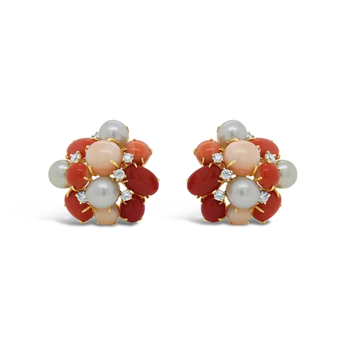 Coral, Diamond & Pearl Cluster Earrings