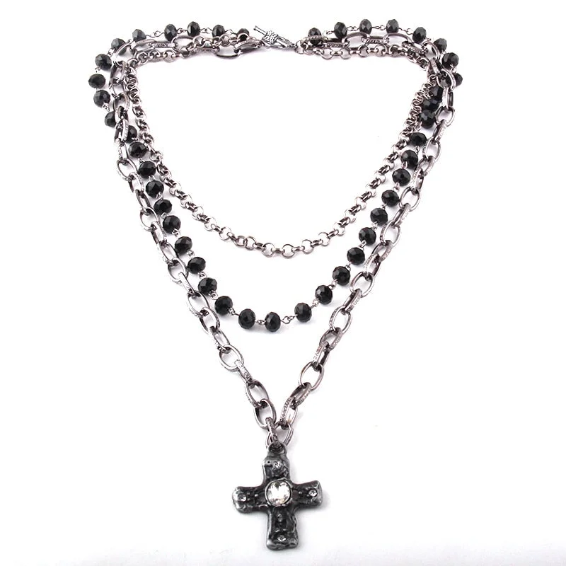 Bohemian Tribal Evil Eye & Multiple Black Glass Crystal Rosary Link & Chain Cross Pendant Necklaces