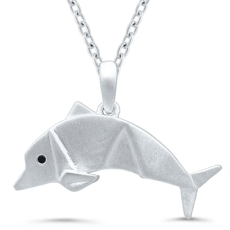 Sterling Silver Black Diamond Origami Dolphin Necklace