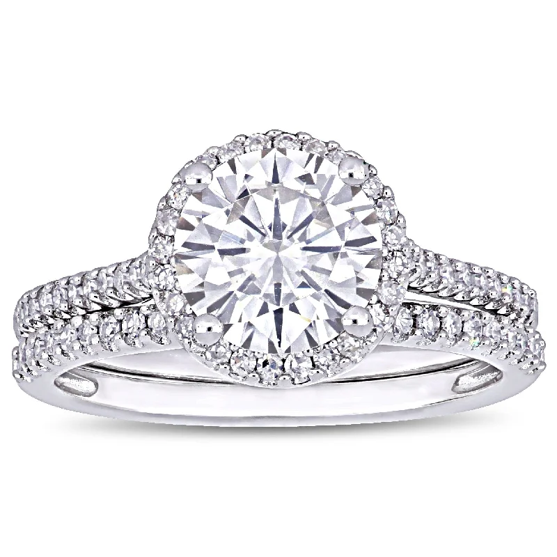 Miadora 2ct DEW Moissanite and 1/3ct TDW Diamond Halo Bridal Ring Set in 14k White Gold