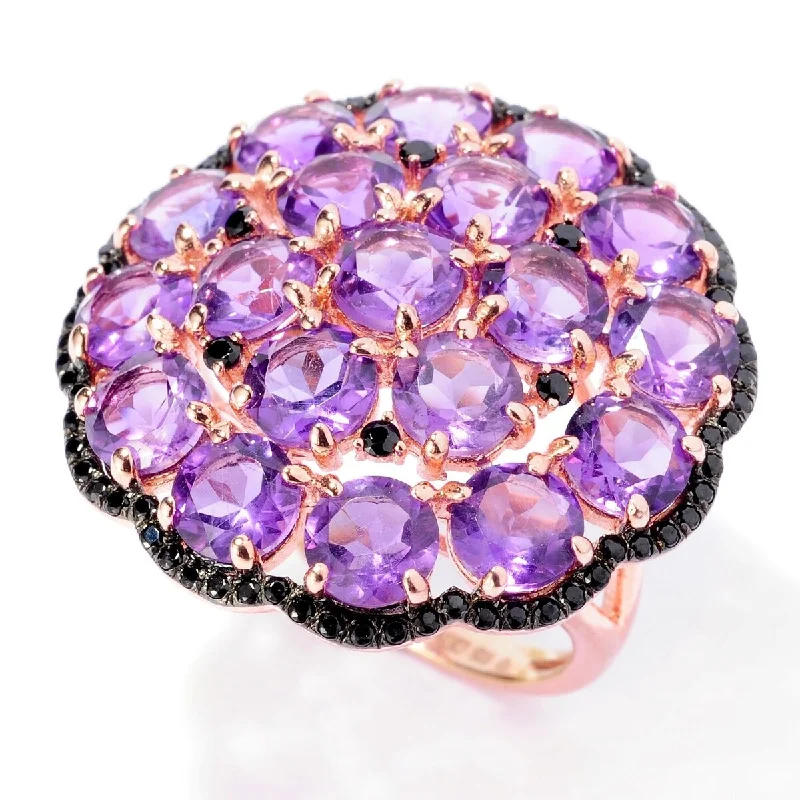 18K Rose Vermeil 9.26Ctw Amethyst & Black Spinel Cluster Cocktail Ring