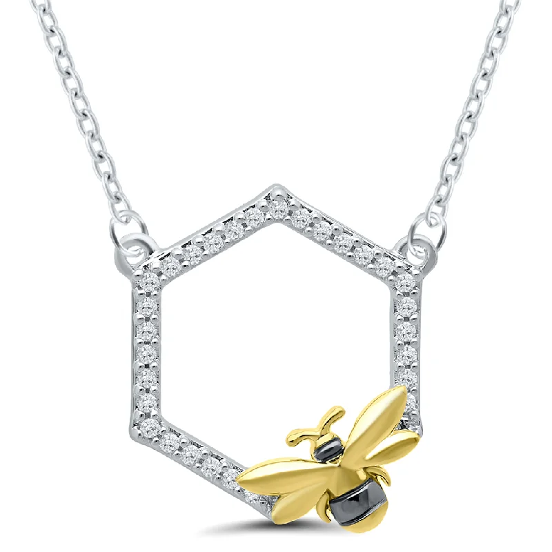 Sterling Silver & Gold Plated 0.10ctw Diamond Hexagon Bee Necklace