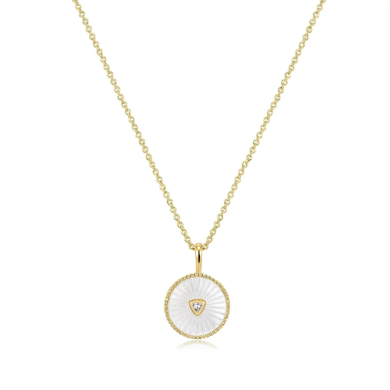 Round Mother Of Pearl Pendant With Cz Center Stone Necklace