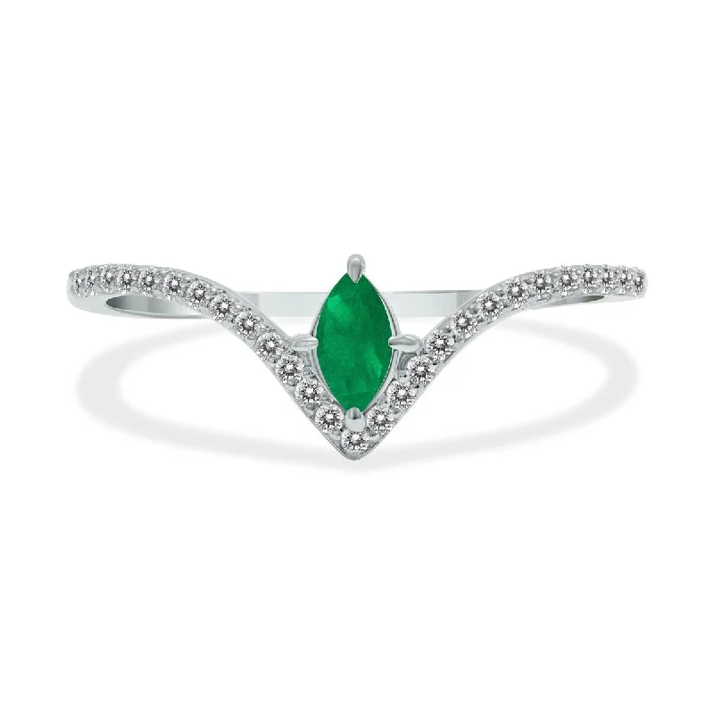 Marquee Jewels 1/4 Carat TW Emerald and Diamond V Shape Ring in 10K White Gold