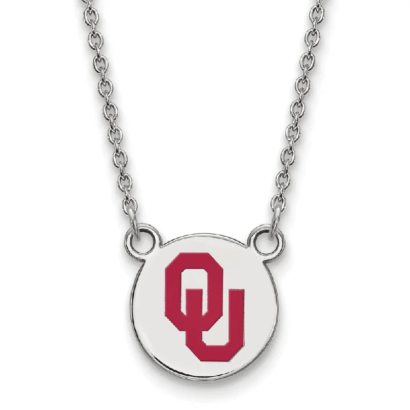 Sterling Silver Oklahoma OU Small Enamel Disc Pendant Necklace