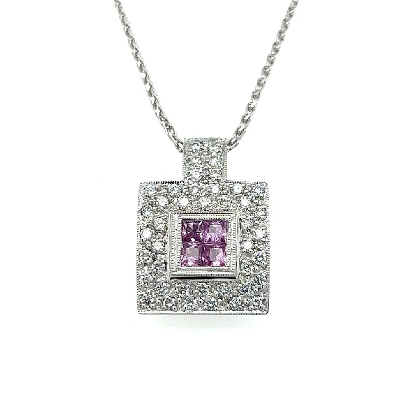 Estate 18K White Gold Pink Sapphire & Diamond Cluster Halo Necklace