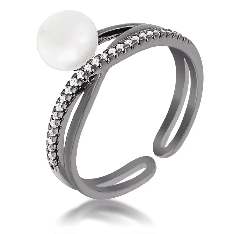 Hematite Pearl Ribbon Bypass Half Pave Ring with Cubic Zirconia