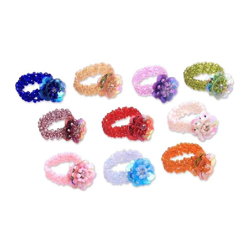 NOVICA Javanese Flora, Glass beaded stretch rings (set of 10)