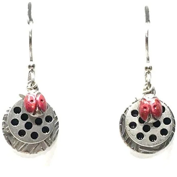 Silver Forest Lady Bug on Layered Discs Pierced Earrings