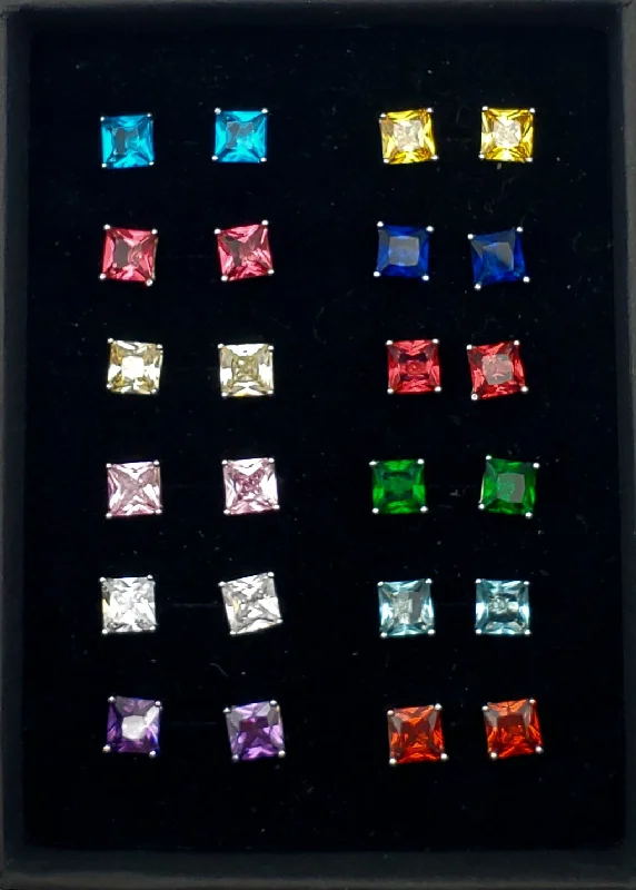 Sterling Silver Stud Earrings with Simulated Gemstones - Various Colors