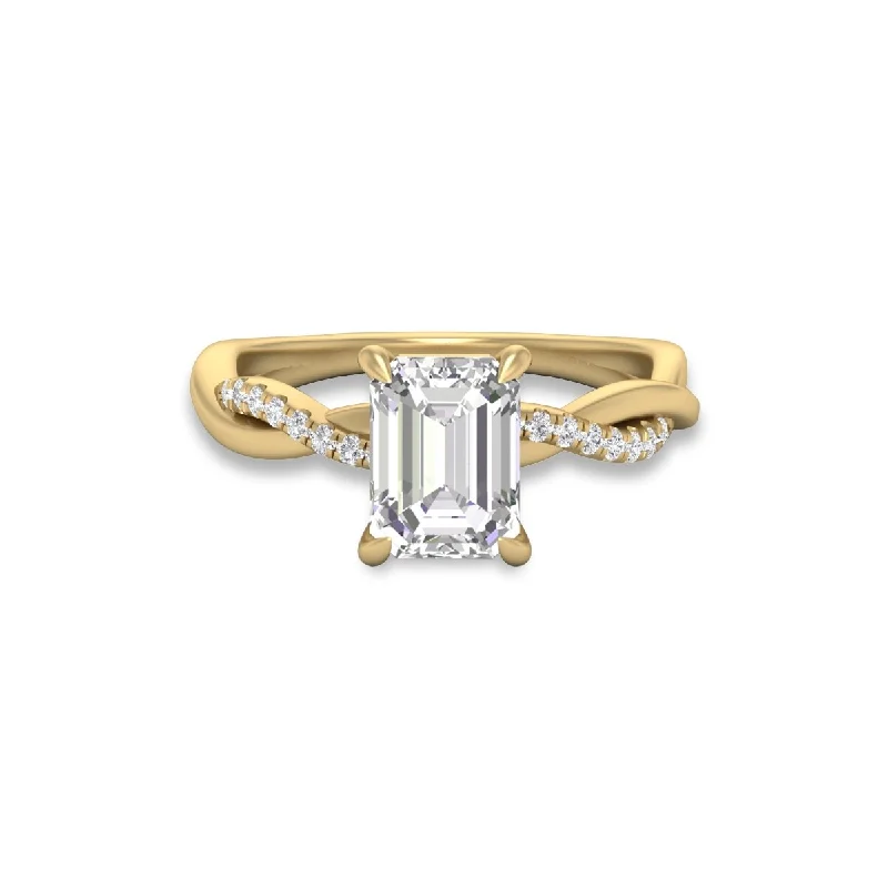 Marquee Agatha Twisted Pave Ring with IGI Certified 3 Carat Lab-Grown Emerald Cut Diamond in 14K Yellow Gold