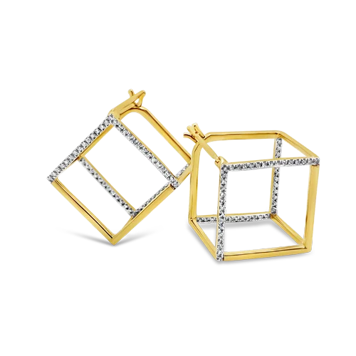 Gold & Diamond Open Cube Earrings