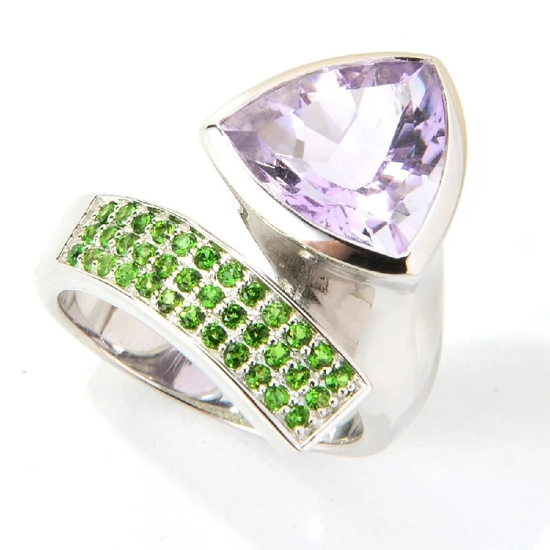 925 Sterling Silver Chrome Diopside and Pink Amethyst Ring