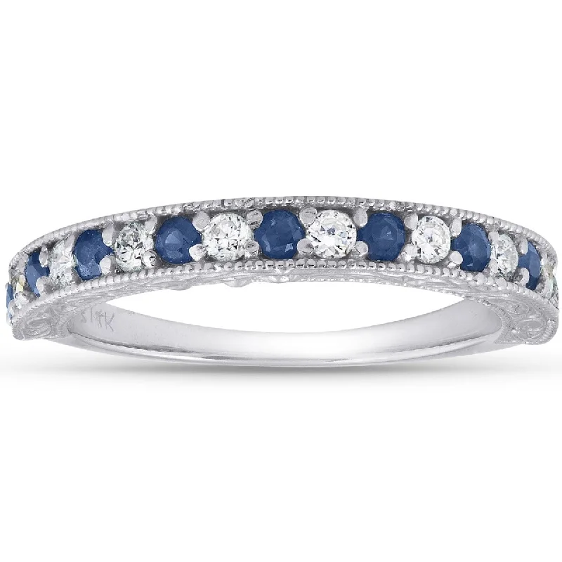 1/2Ct Blue Sapphire & Diamond Wedding Ring Anniversary Stackable Band White Gold