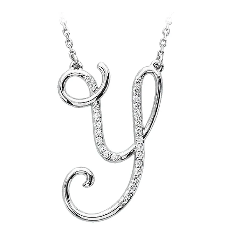 1/8 Ctw Diamond Sterling Silver Medium Script Initial Y Necklace, 16in