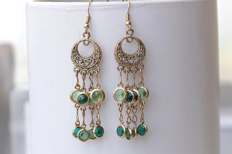 Green Gold Fringes Earrings