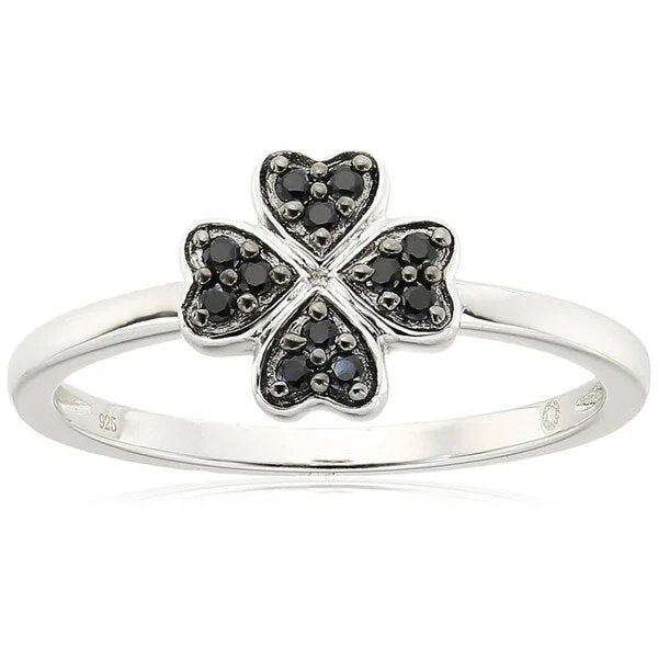 Sterling Silver Black Spinel Clover Ring, Size 7