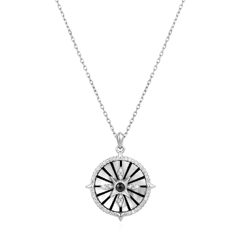 Sterling Silver Mother of Pearl, Black Agate and Enamel Astrolabe Necklace by Ania Haie