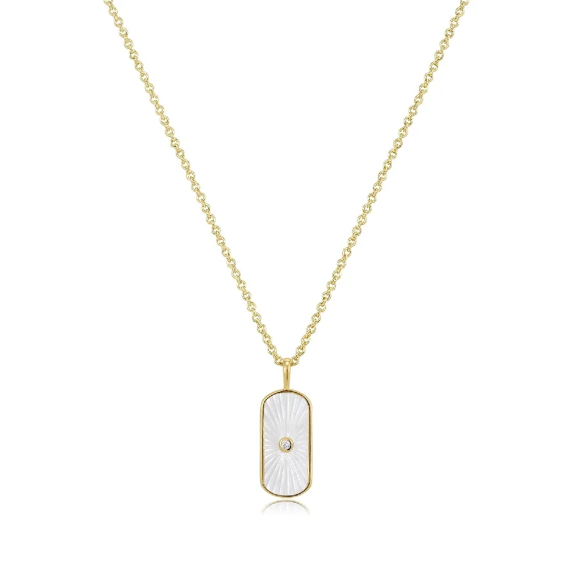 Tag Shaped Mop Pendant With Cz Stone Necklace