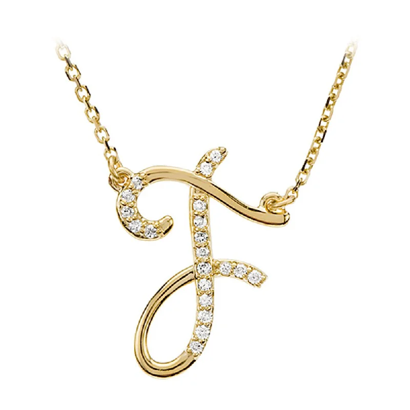 1/10 Ctw Diamond 14k Yellow Gold Medium Script Initial F Necklace 17in