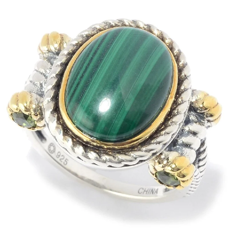 Sterling Silver 14 x 10mm Oval Malachite & Peridot Rope Ring