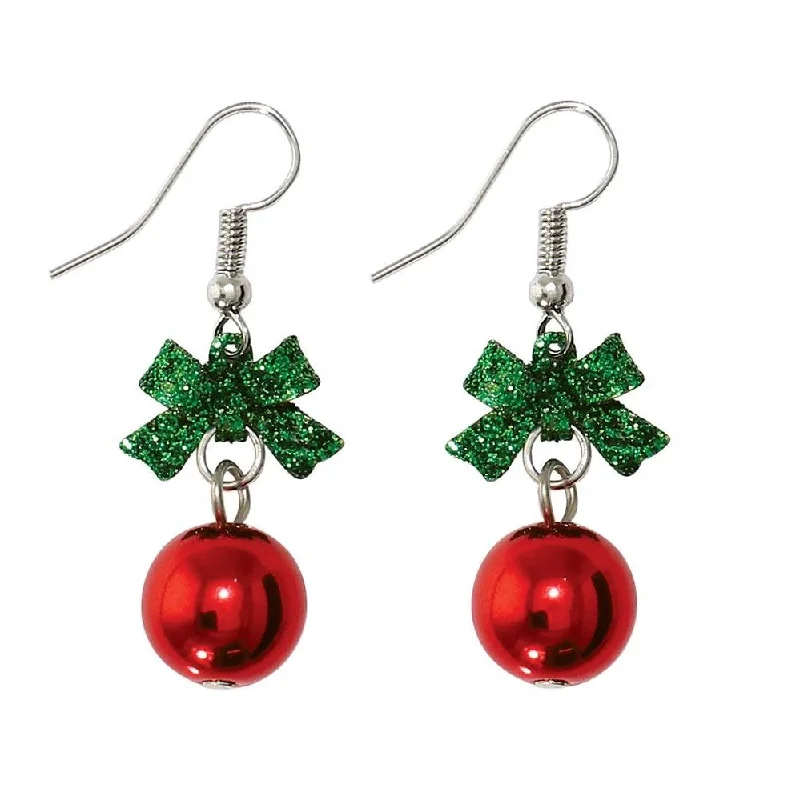 Holiday Earrings Green Bow Red Ornament