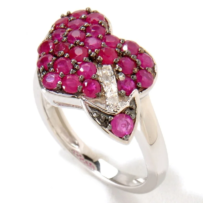 Platinum o/ Silver 1.67ctw Ruby Diamond Heart & Arrow Ring, Size 7 - Red