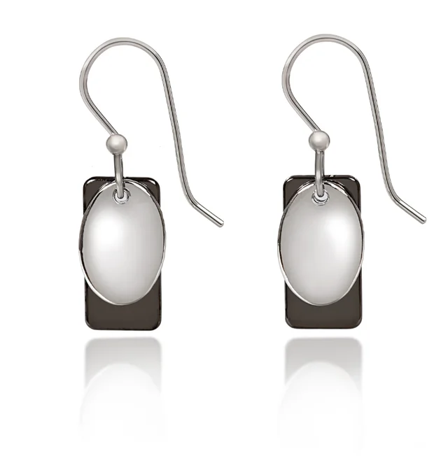 Silver Forest Earrings Mini Layered White Oval on Black Rectangle Silver Drop