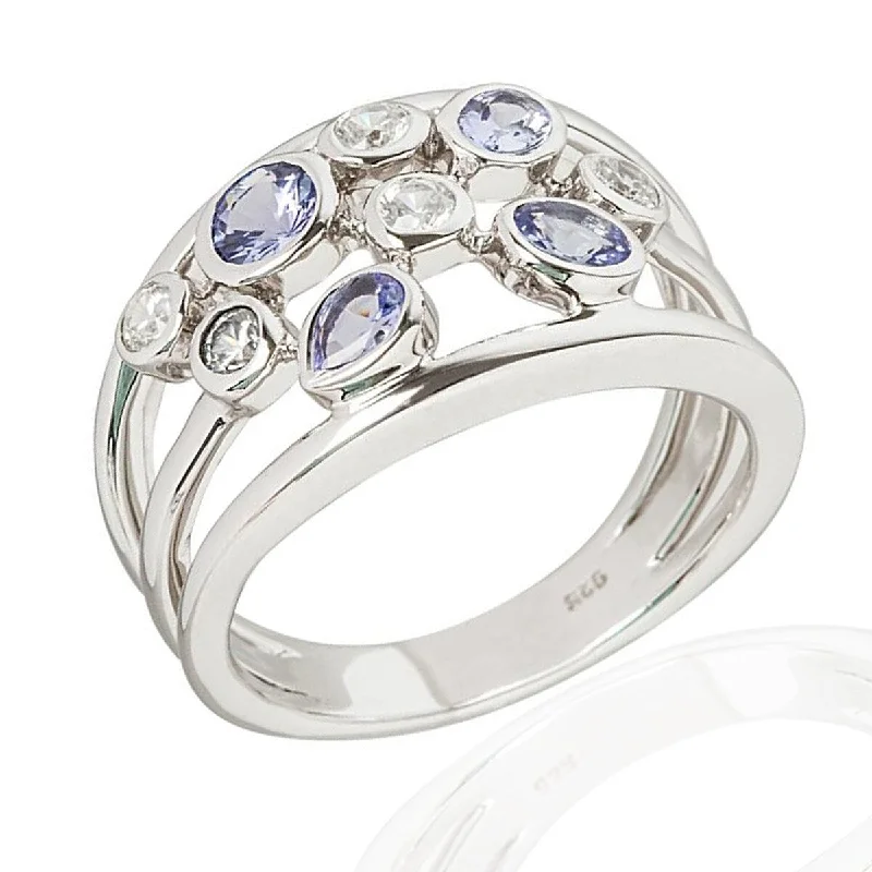 925 Sterling Silver Tanzanite And White Natural Zircon Cluster Ring