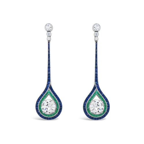 Diamond, Emerald & Sapphire Dangle Earrings