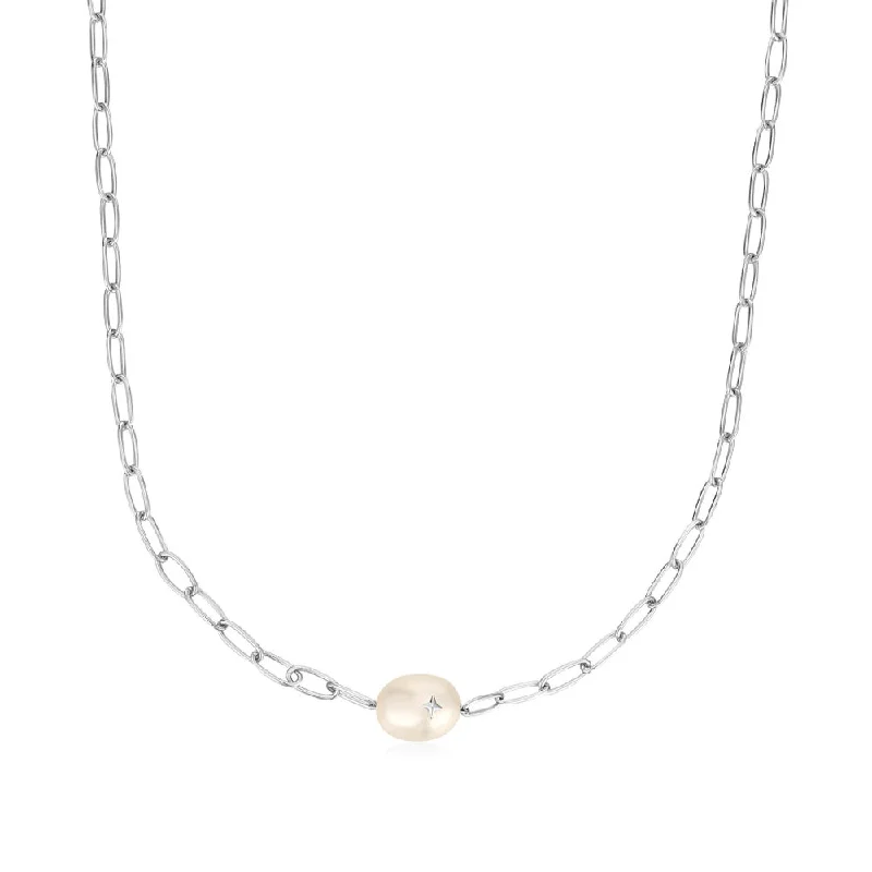 Sterling Silver Freshwater Pearl Solitaire Sparkle Necklace