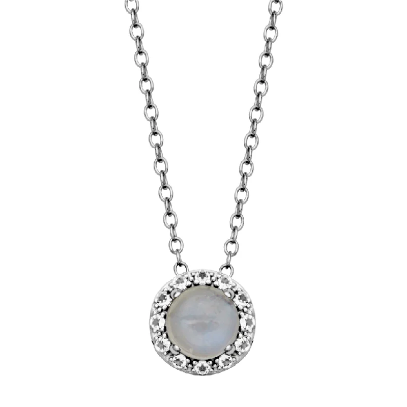 Sterling Silver Rainbow Moonstone & White Topaz Halo Necklace by Samuel B.