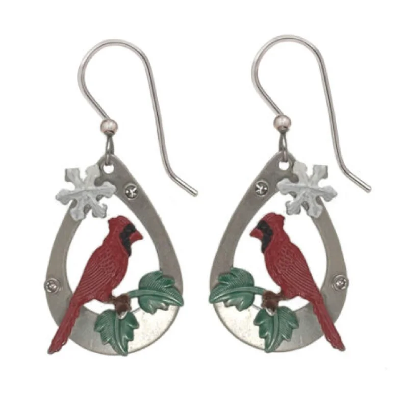 Silver Forest Earrings Red Cardinal Bird in Oval with Crystal and Snowflake