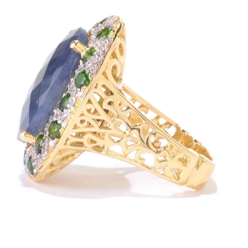 Pinctore 18K Yellow Gold o/ Silver Indian Blue Sapphire Cocktail Ring, Size 7