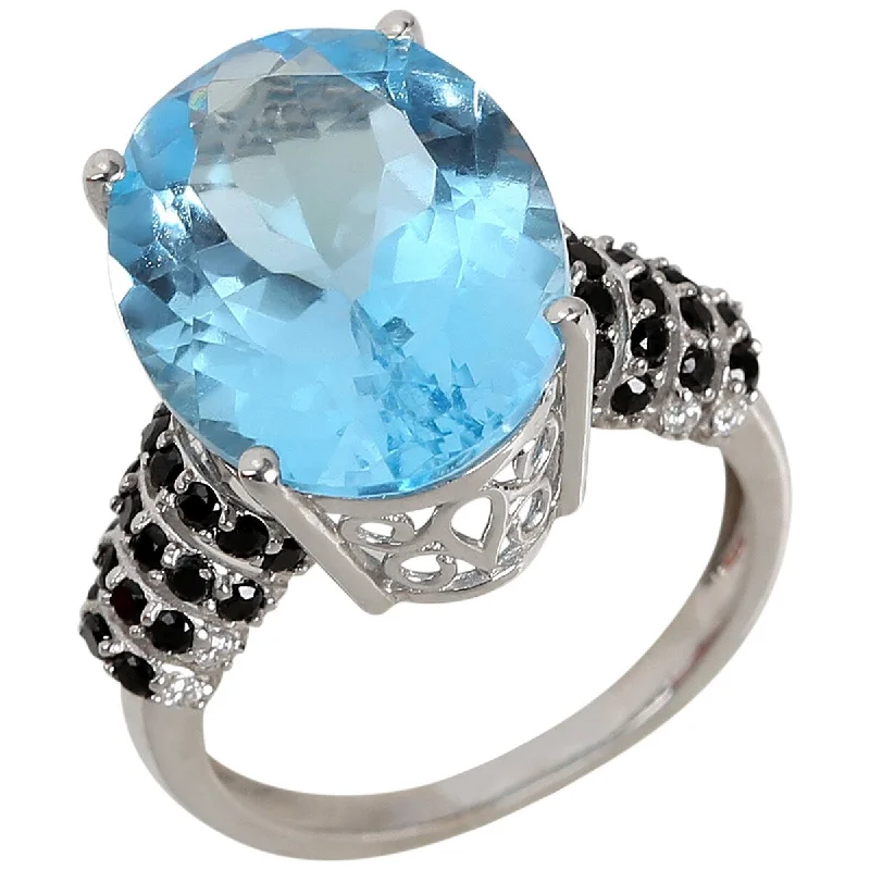 925 Sterling Silver Sky Blue Topaz and Black Spinel Gemstone Solitaire Ring