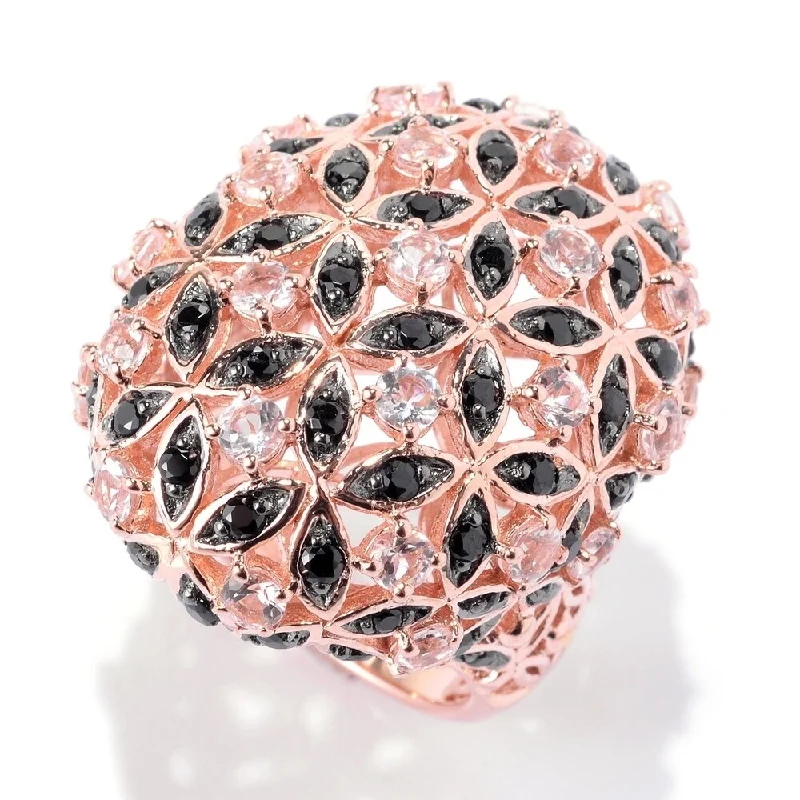 18K Rose Vermeil 3.5Ctw Morganite & Black Spinel Flower Dome Ring Size - 6