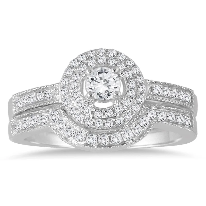 Marquee Jewels 10k White Gold 1/2ct TDW Diamond Halo Bridal Ring Set